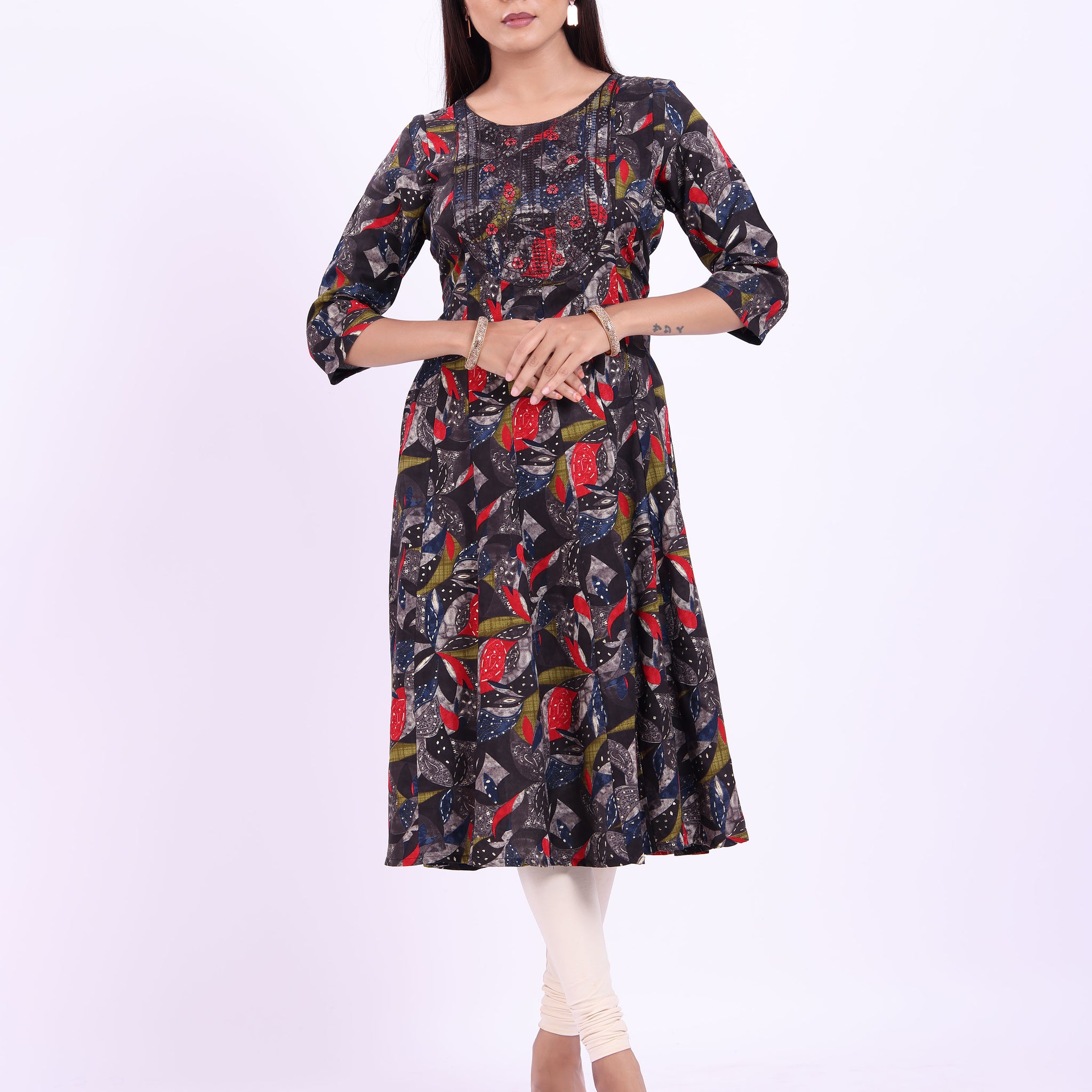 Women's Elegant Embroidered  & Printed Flared Kurta - Multi