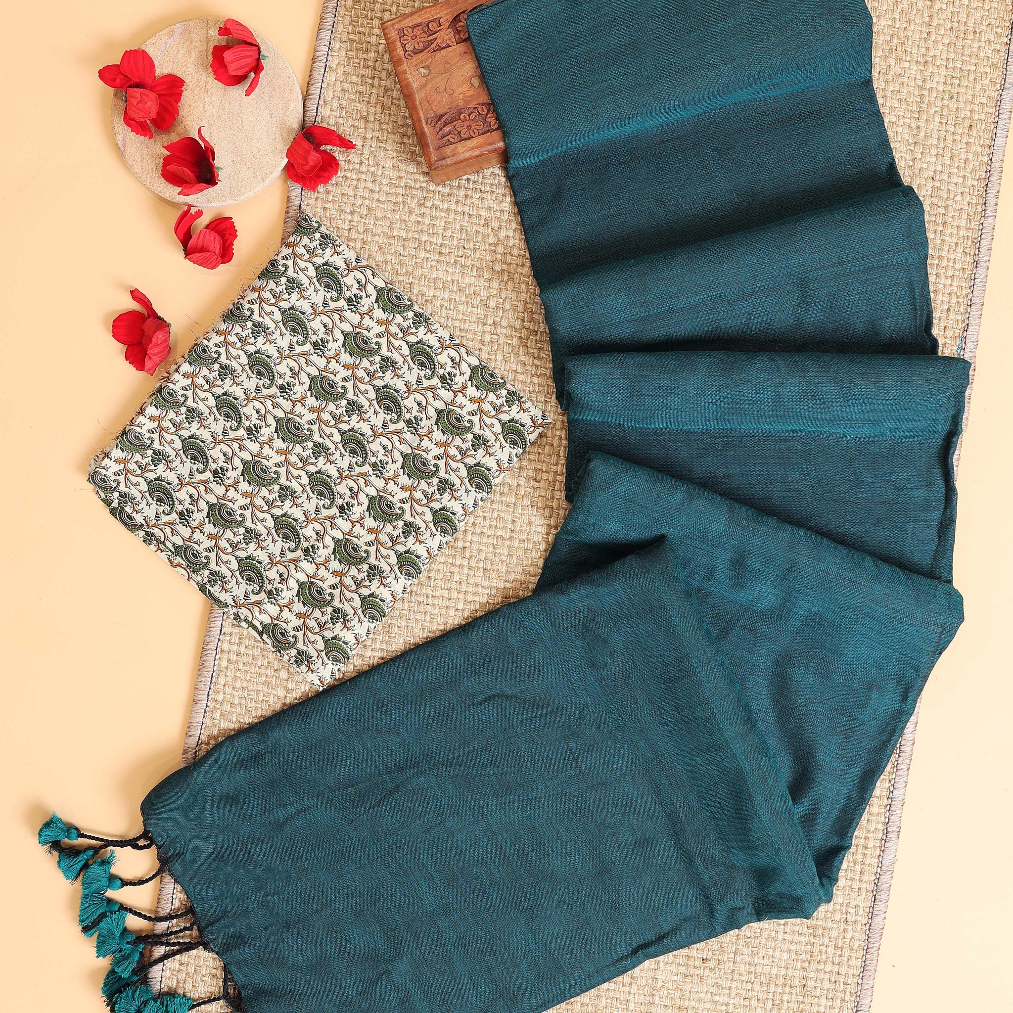 Handwoven Khadi Cotton Saree with Contrast Printed Blouse and Tassel Accents - Teal