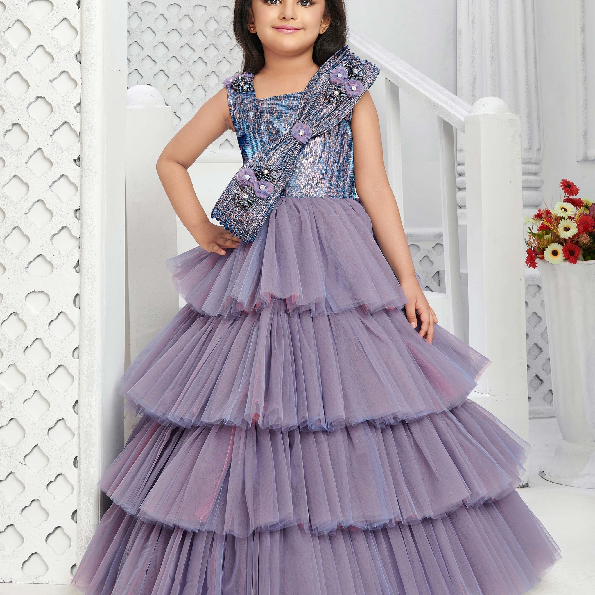 Purple Embellished jacquard Model Work Frock