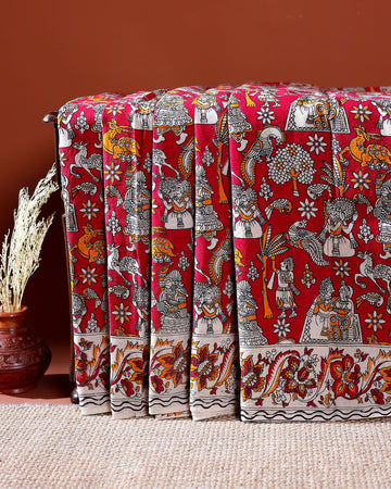 Traditional Handloom Kalamkari Cotton Saree with Intricate Floral and Avian Motifs - Red