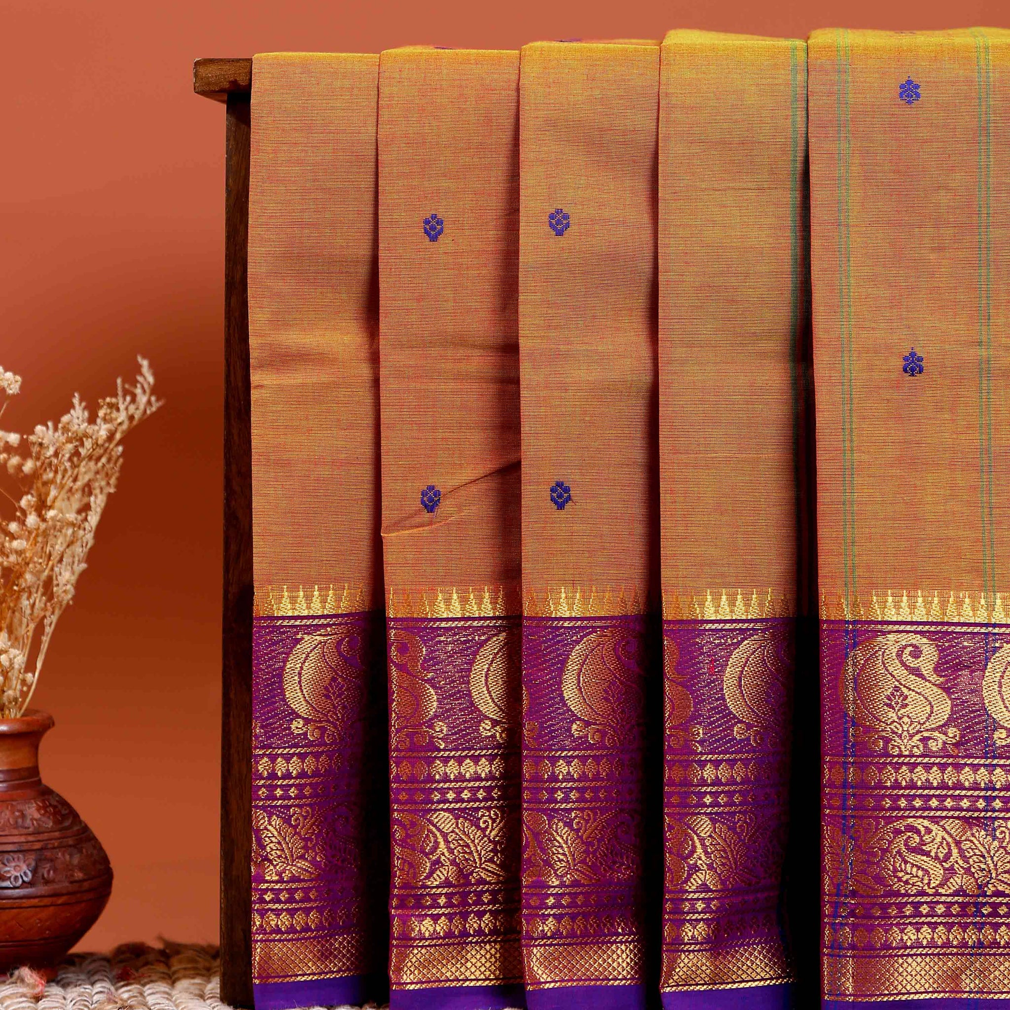 Handloom Chettinad Cotton Saree with Small Butta Weaves, Zari Peacock Motif Border and Contrast Pallu - Brown