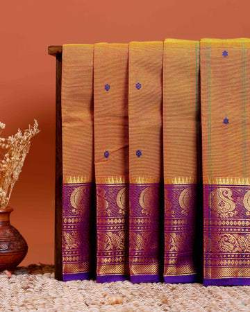 Handloom Chettinad Cotton Saree with Small Butta Weaves, Zari Peacock Motif Border and Contrast Pallu - Brown