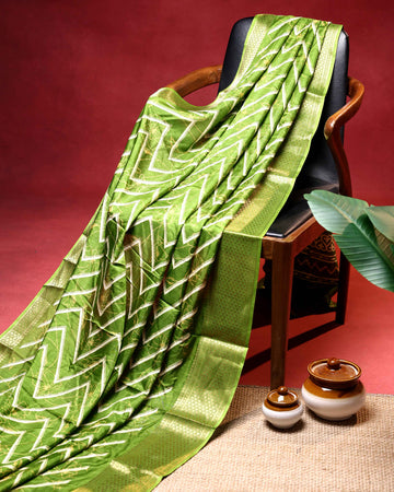 Elegant Dola Saree with Chevron and Floral Inspired Print and Classic Zari Woven Border - Green
