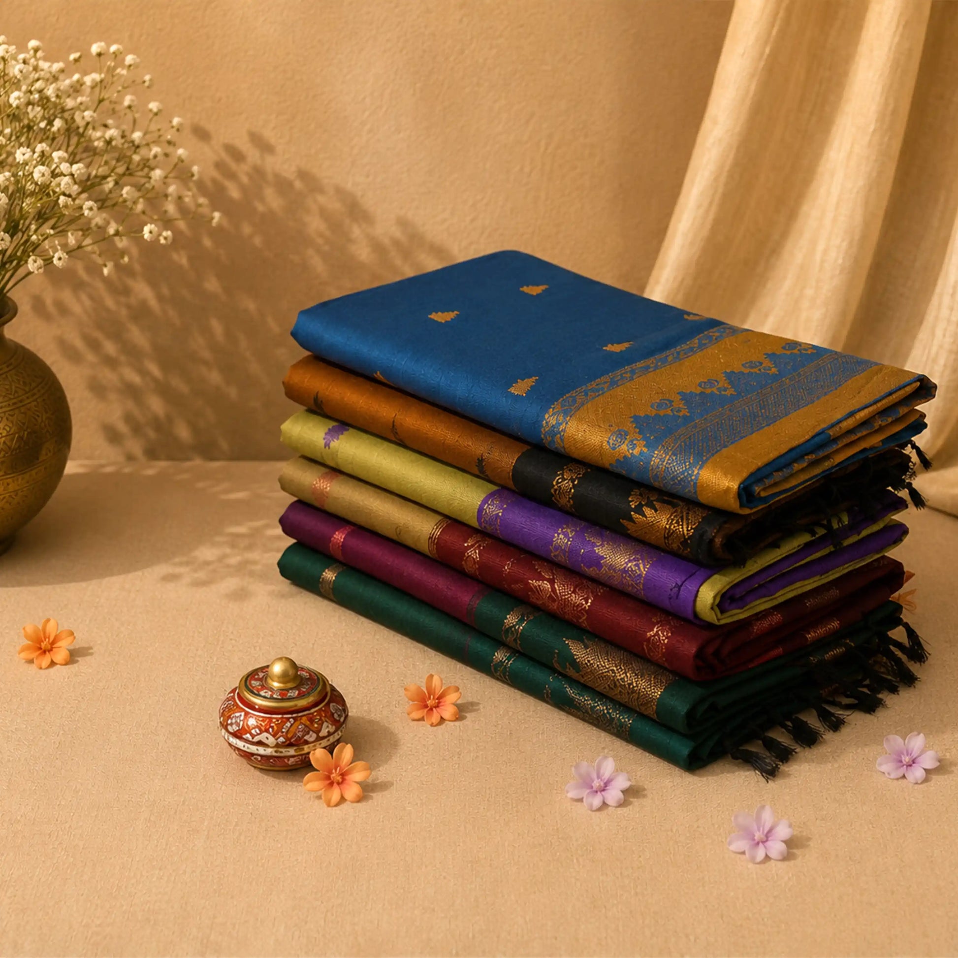 Folded checked kalyani cotton sarees in assorted colors with zari woven borders, stacked display