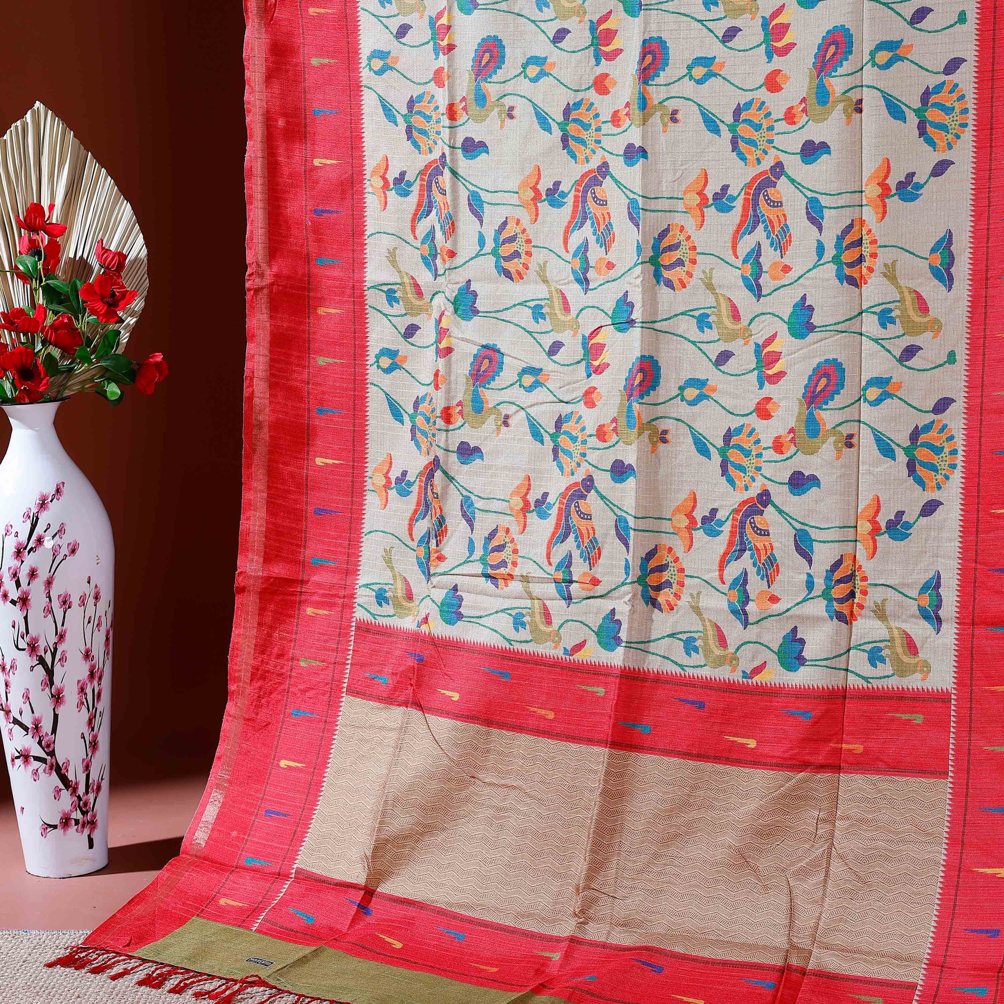 Traditional Kota Cotton Saree with Intricate Floral and Paisley Weaving and Contrast Woven Border - Sandal