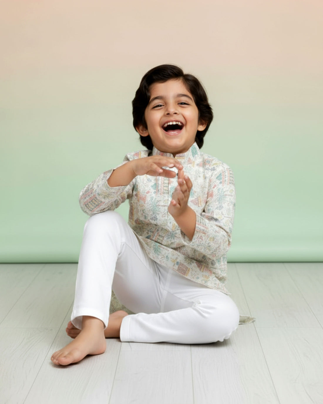 Boys Off-White Kurta Set with Multicolor Village Scene Print