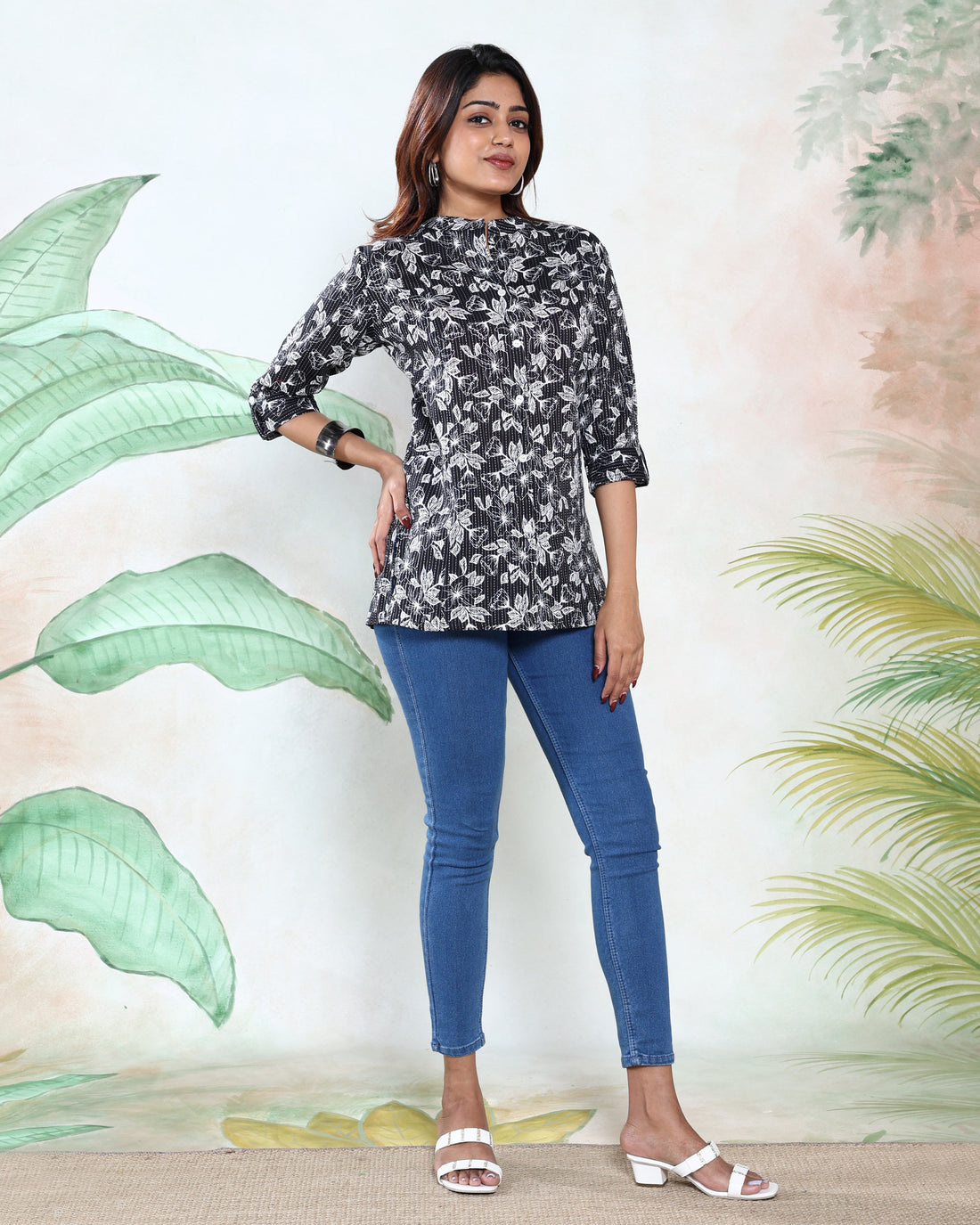 Women’s All-Over Floral Print Kurti with Mandarin Collar 3/4th Sleeves and Flared Hem, Black