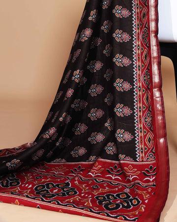Black Patola Silk Saree with Intricate Floral Motifs