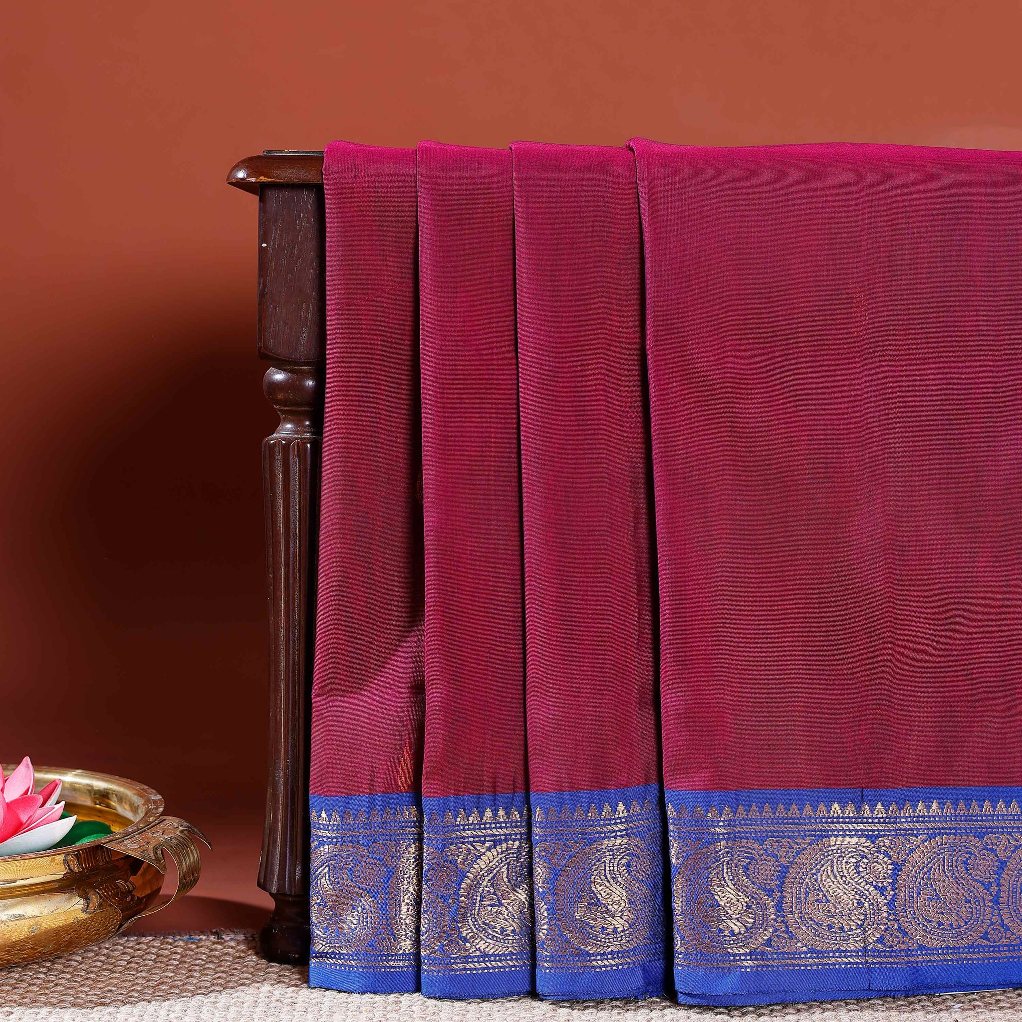 Handloom Chettinad Cotton Saree with Contrasting Zari Border and Traditional Motifs  - Maroon