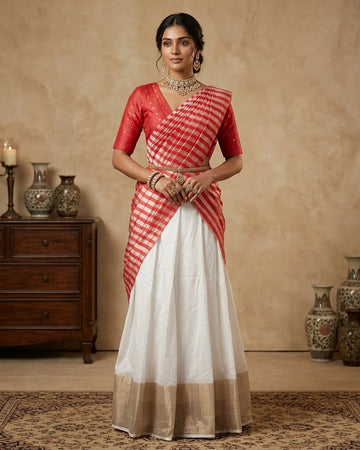 Cotton Semi Stitched Dhavani Set For Women | Festive Wear & Traditional Collection | Jeyachandran - Red & White