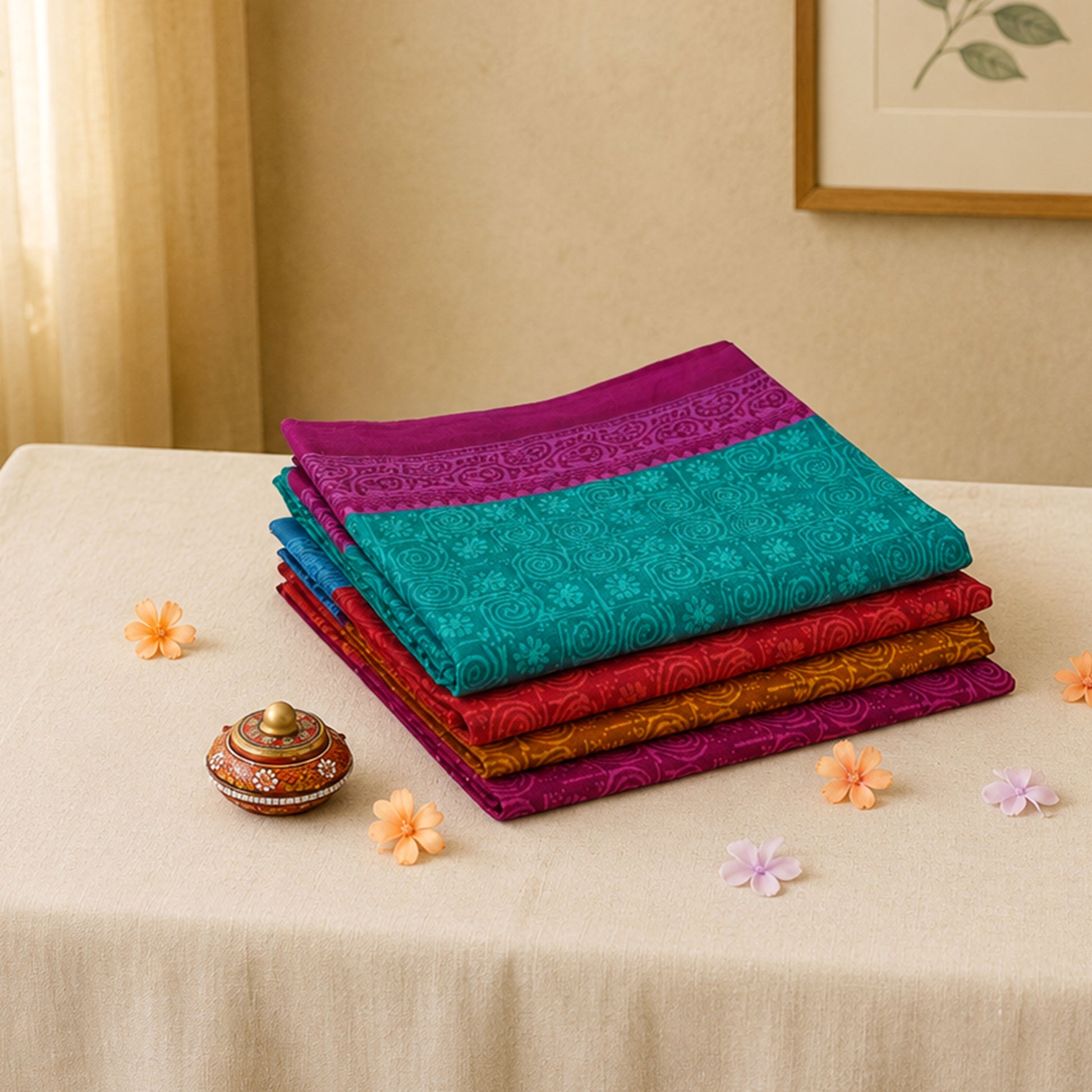 Voile Cotton Saree with Spiral Floral Geometric Print in Multicolor Stack Folded Display View