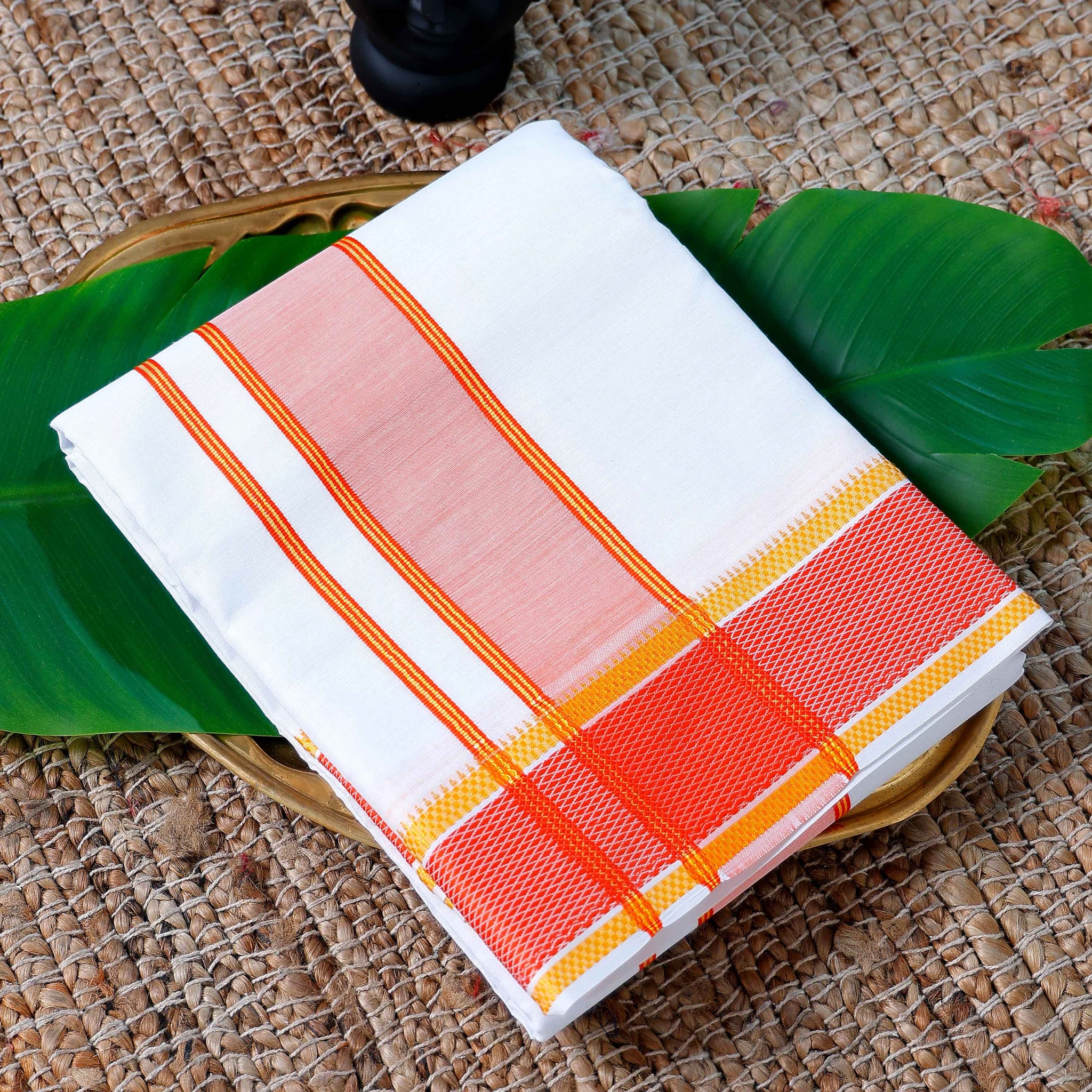 Men’s Cotton Dhoti with Orange Border - White