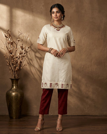Women’s Straight Kurta with Round Neck 3/4 Sleeves Vertical Stripe Pattern & Embroidered Border - Cream