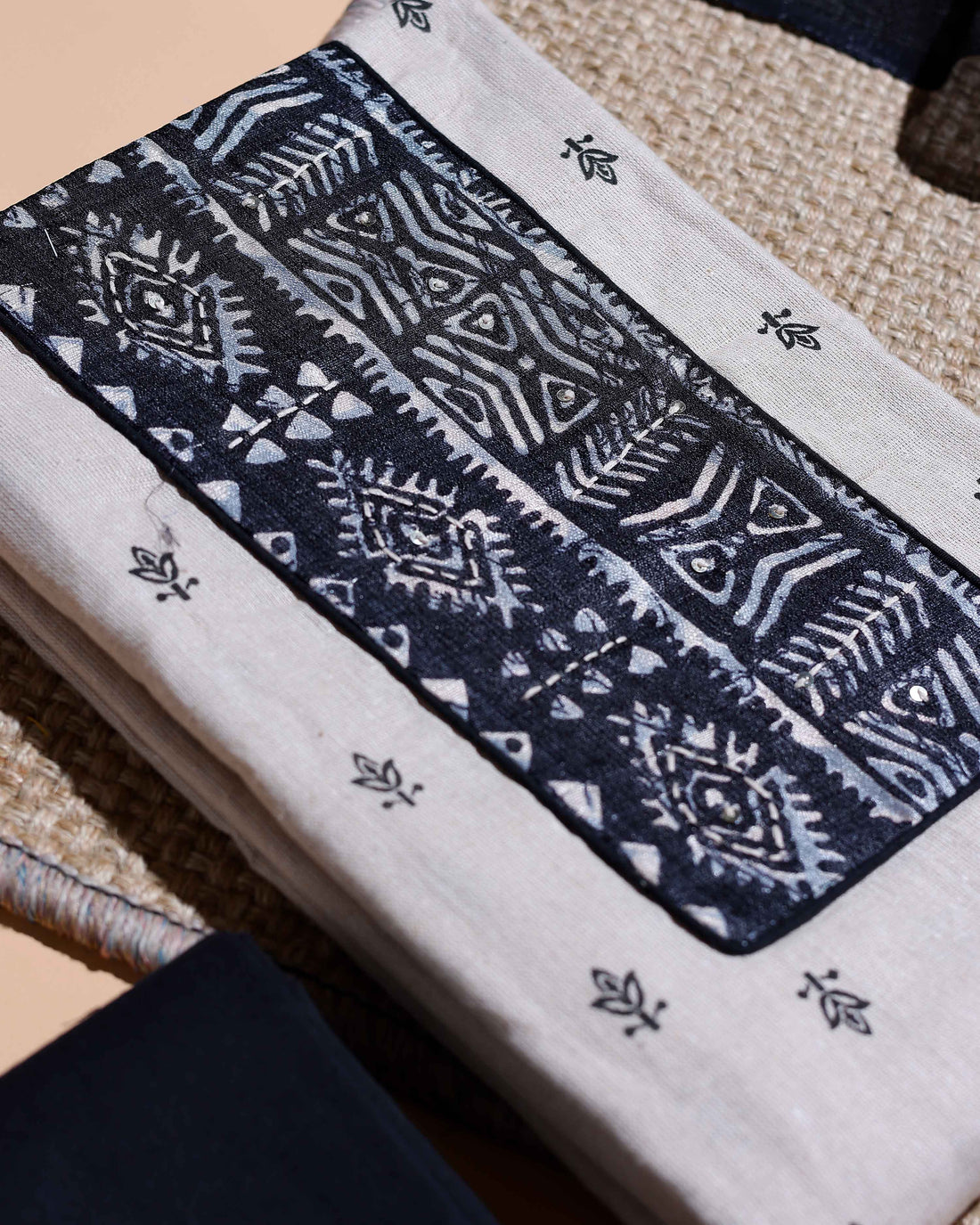 Women's Handblock Printed Cotton Salwar Material with Plain Bottom and Coordinated Dupatta - Cream