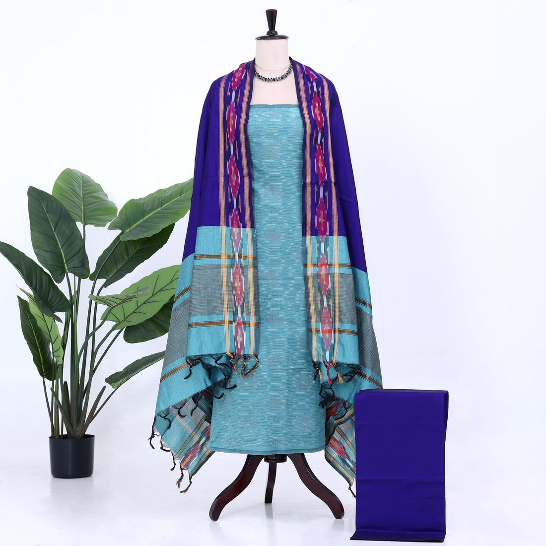 Aqua Blue Cotton Unstitched Salwar Material for Women | Ethnic Summer Collection | Jeyachandran - Full View