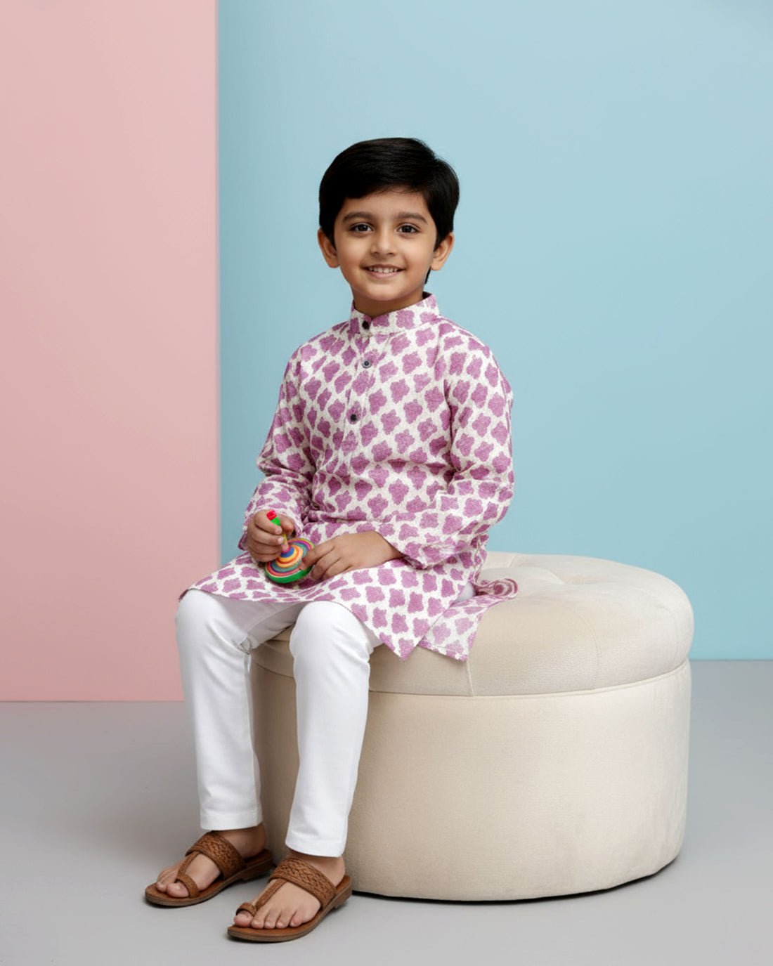 Boys White Kurta Set with Pink Ikat-Inspired Print