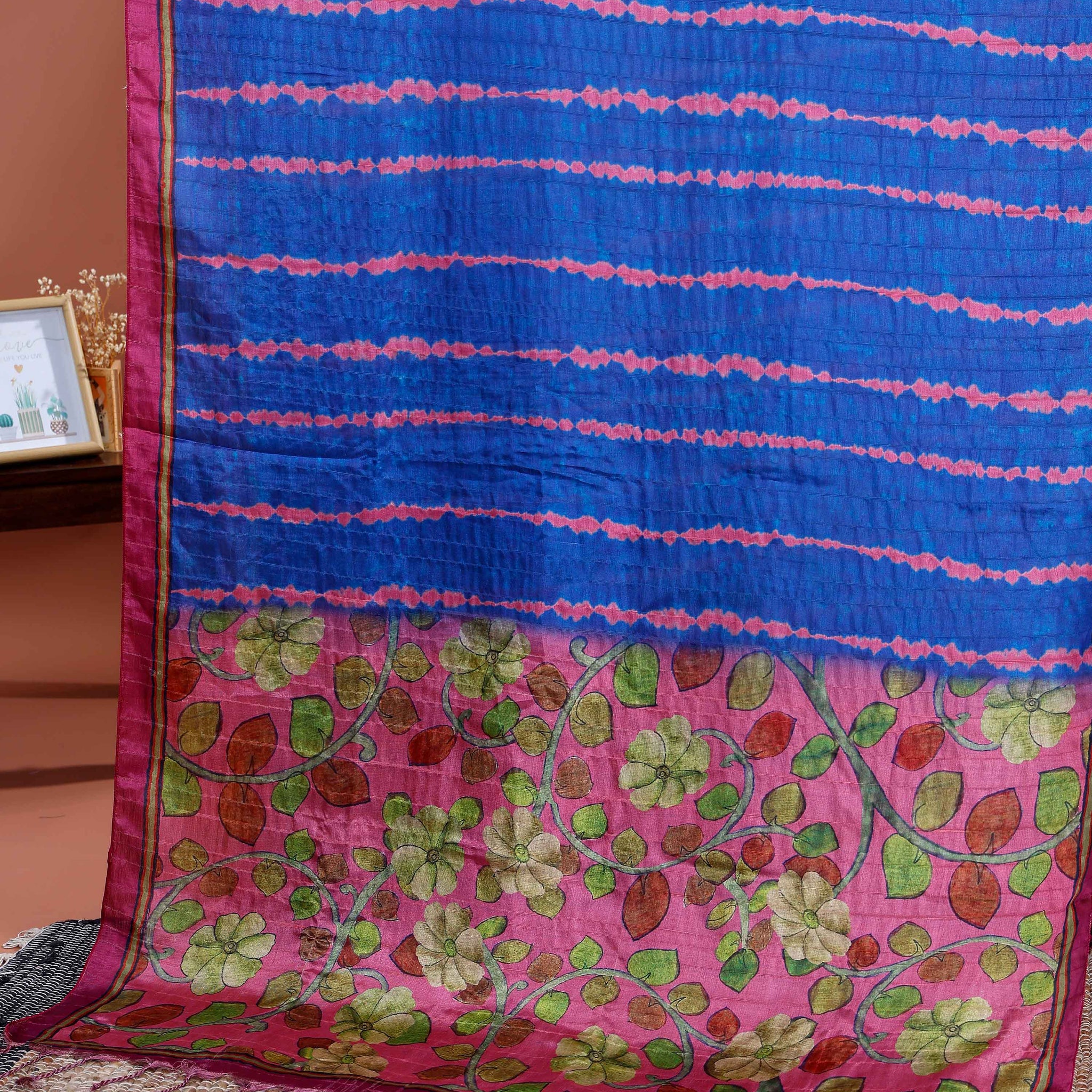 Elegant Semi Tussar Silk Saree with Intricate Nature-Inspired Patterns and Textured Stripes - Blue