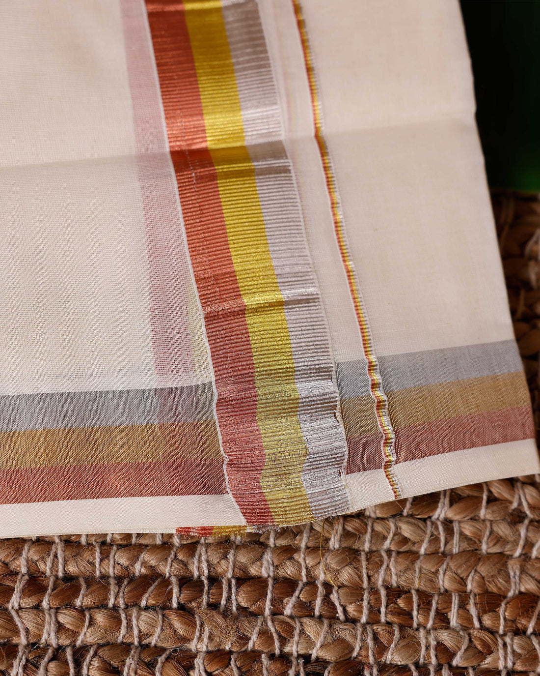 Traditional Handwoven Cotton Dhoti with Multi Color Border and Elegant Finish - Off White