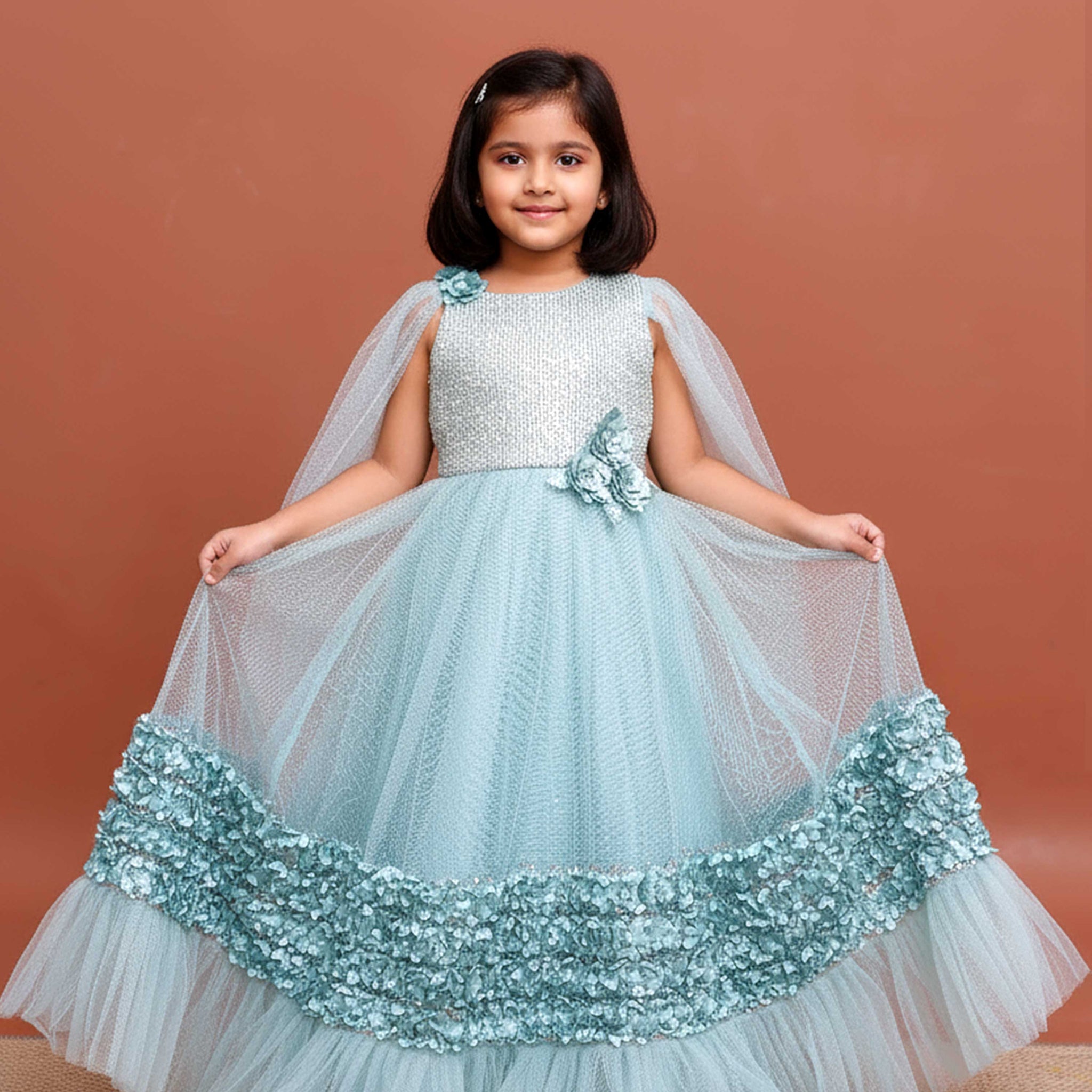 Girls Embellished Net Frock with Cape Sleeves and Ruffled  - Green