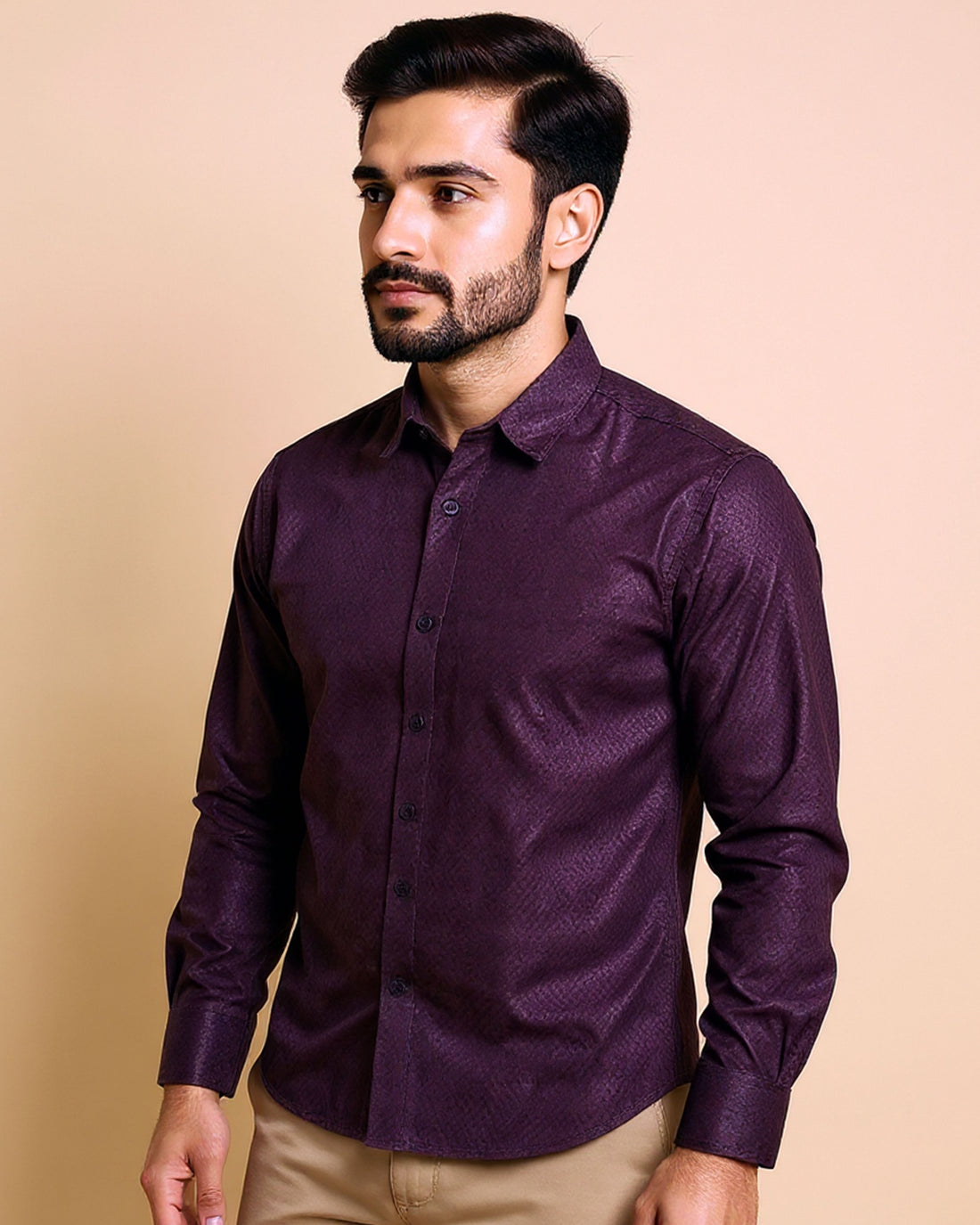 Men's Native Bull Brand Textured Casual Shirt with Spread Collar and Full Sleeves - Purple