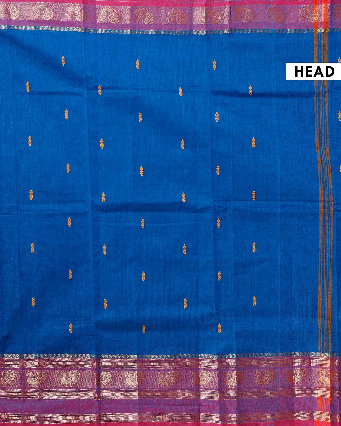 Handloom Chettinad Cotton Saree with Butta Weaves, Zari Peacock Motif Border and Contrast Pallu - Blue
