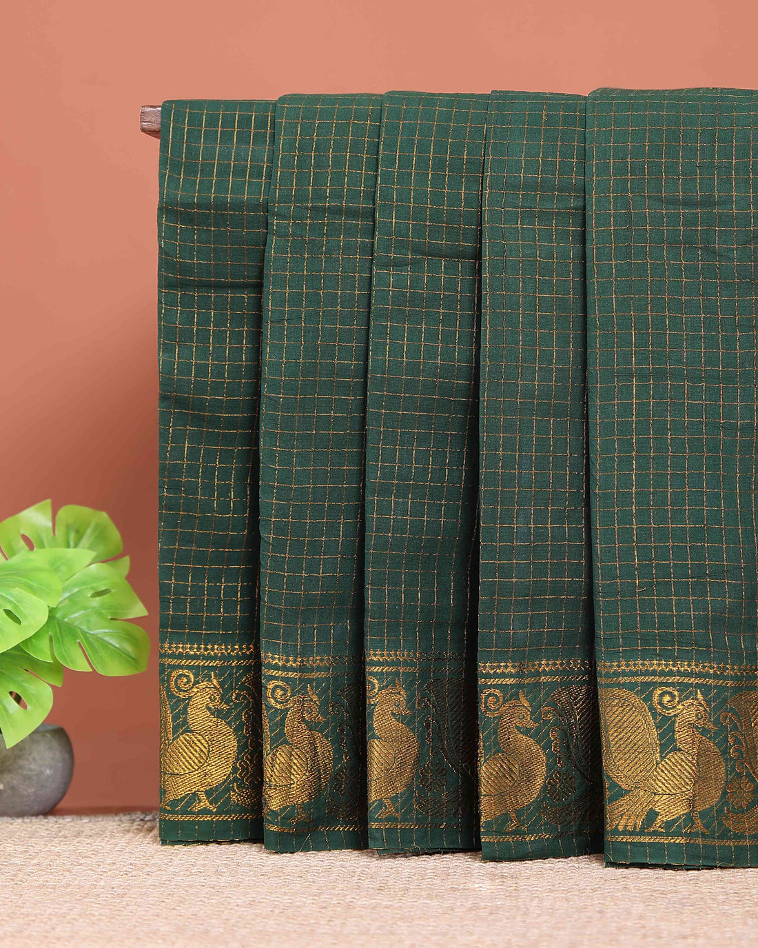 Traditional Sungudi Cotton Saree with Rich Peacock Zari Border and Checked Design - Green