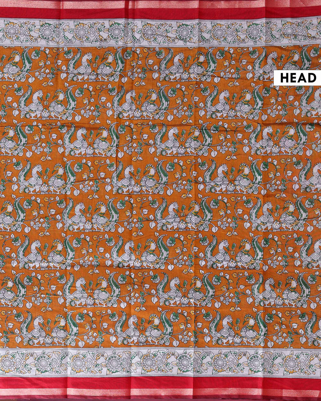 Elegant Semi Chanderi Saree with Kalamkari Inspired Motifs and A Plain Gold Woven Border - Mustard