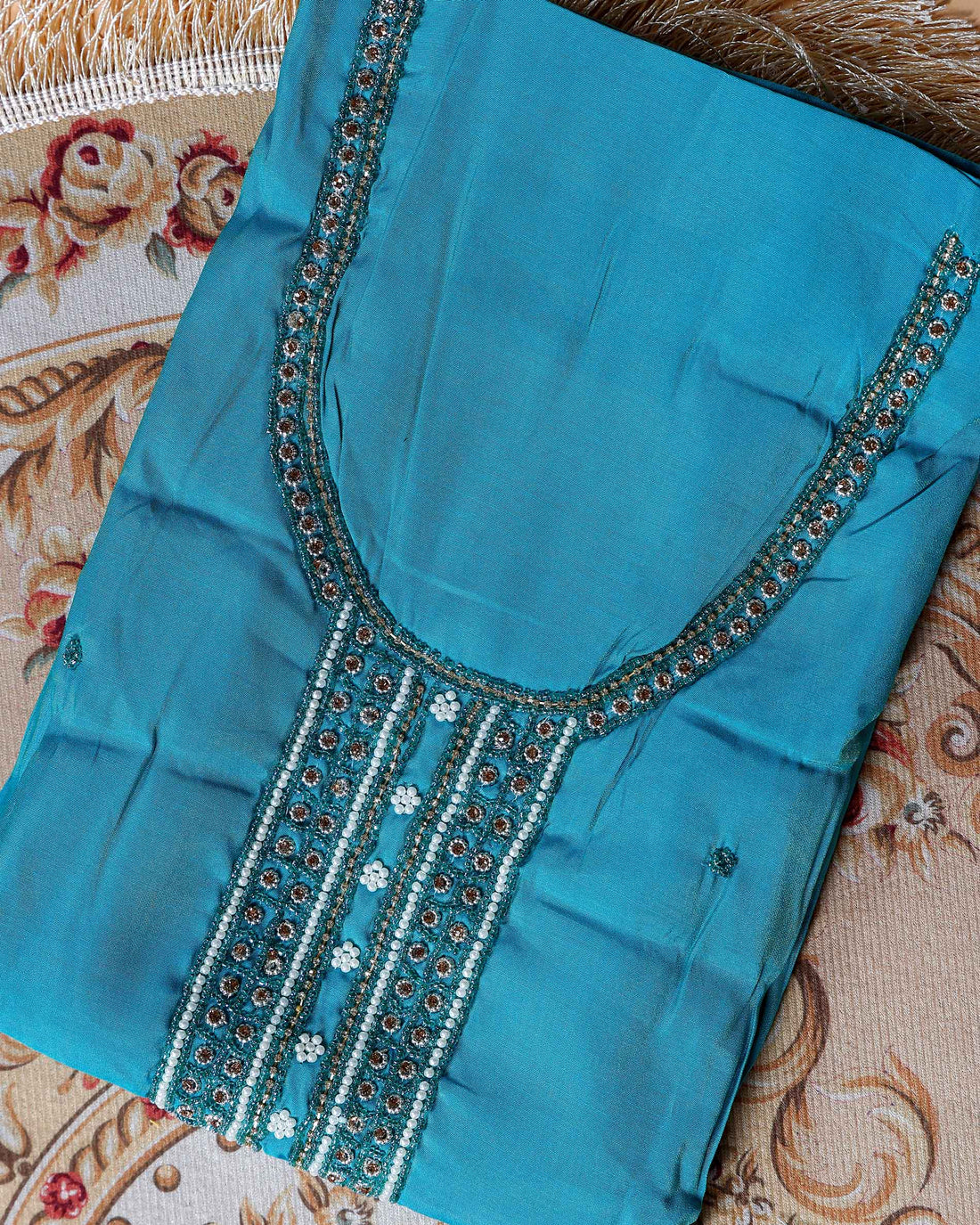 Women's Unstitched Salwar Material with Sequined Embroidery and Complementary Dupatta - Blue