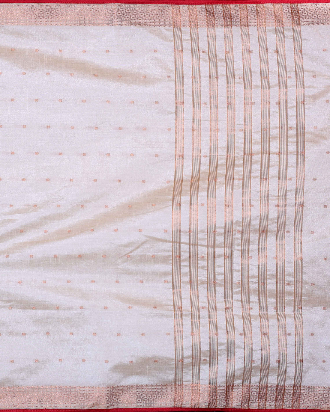 White Art Silk Saree with Golden Zari & Buti Pattern Enhanced with Red Border Without Blouse