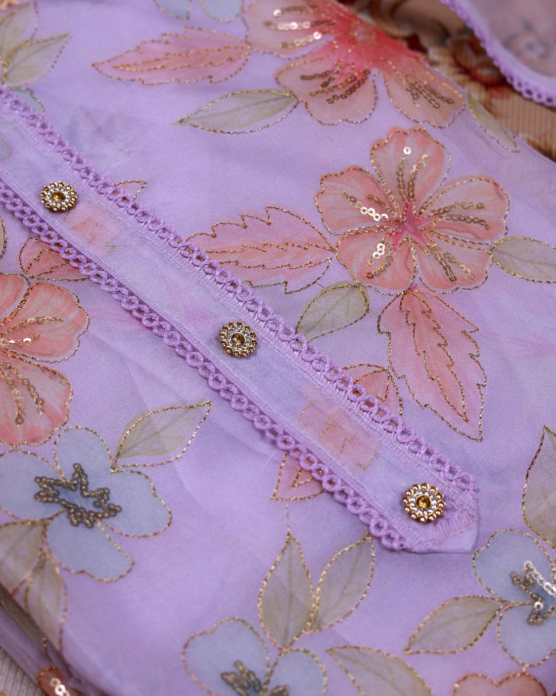 Women's Floral Embroidered Salwar Suit Material with Beaded Neckline and Net Dupatta - Purple