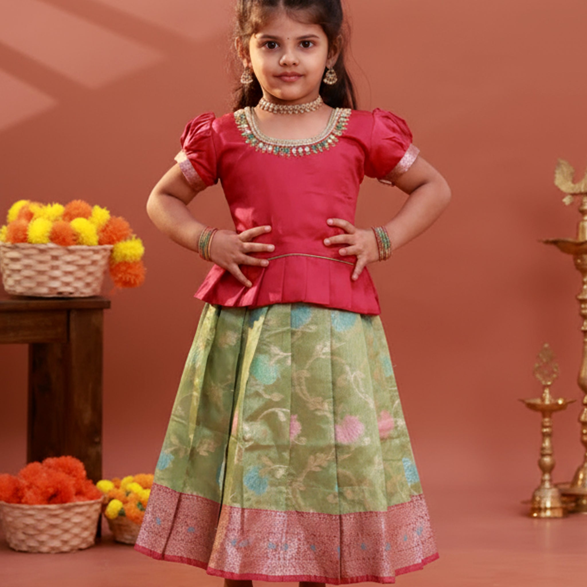 Kids Readymade Pattu Pavadai Set with Embellished Neck Puff Sleeve Blouse and Printed Skirt - Red