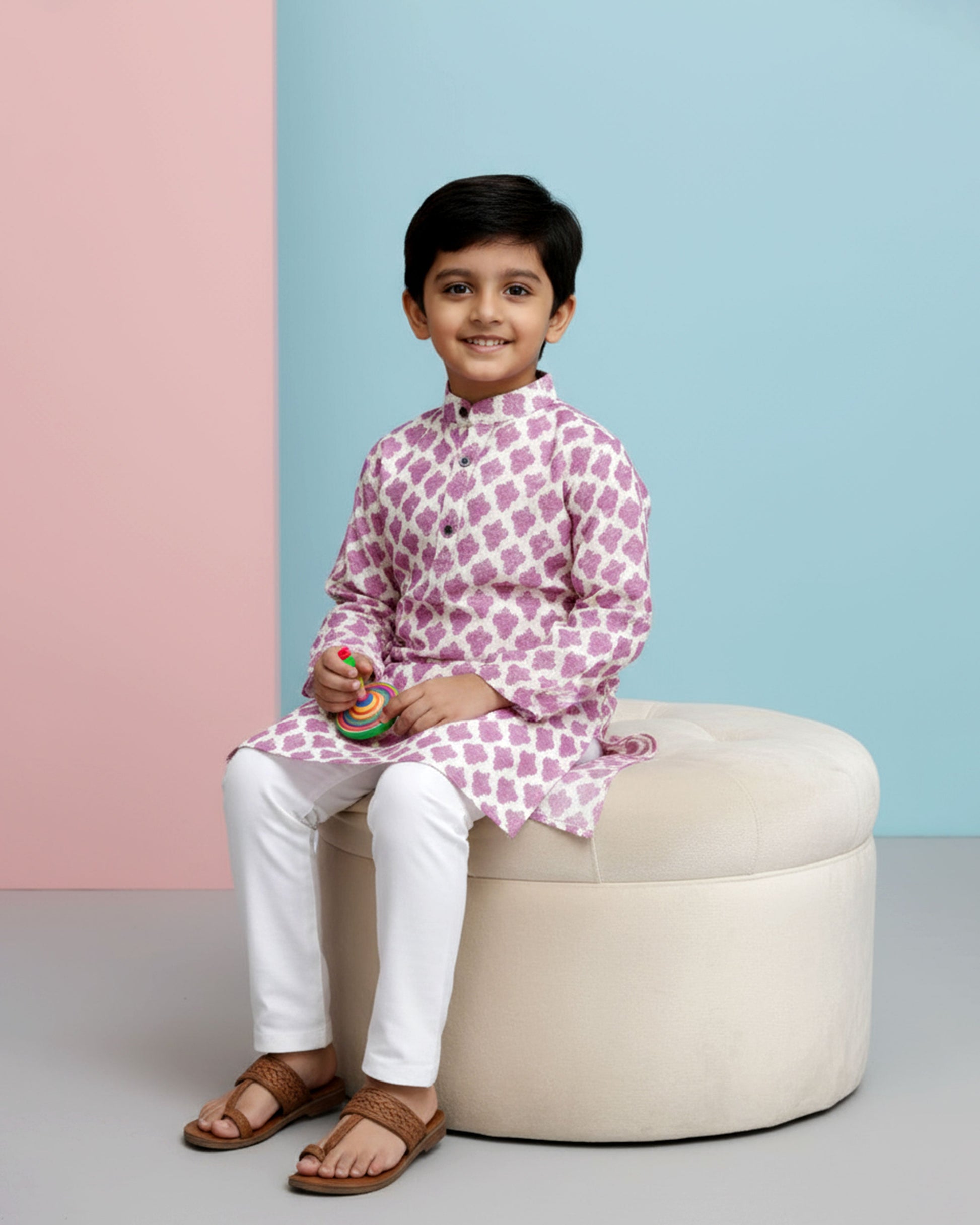 Boys green kurta adorned with traditional Bandhani-inspired patterns in red and gold., Purple