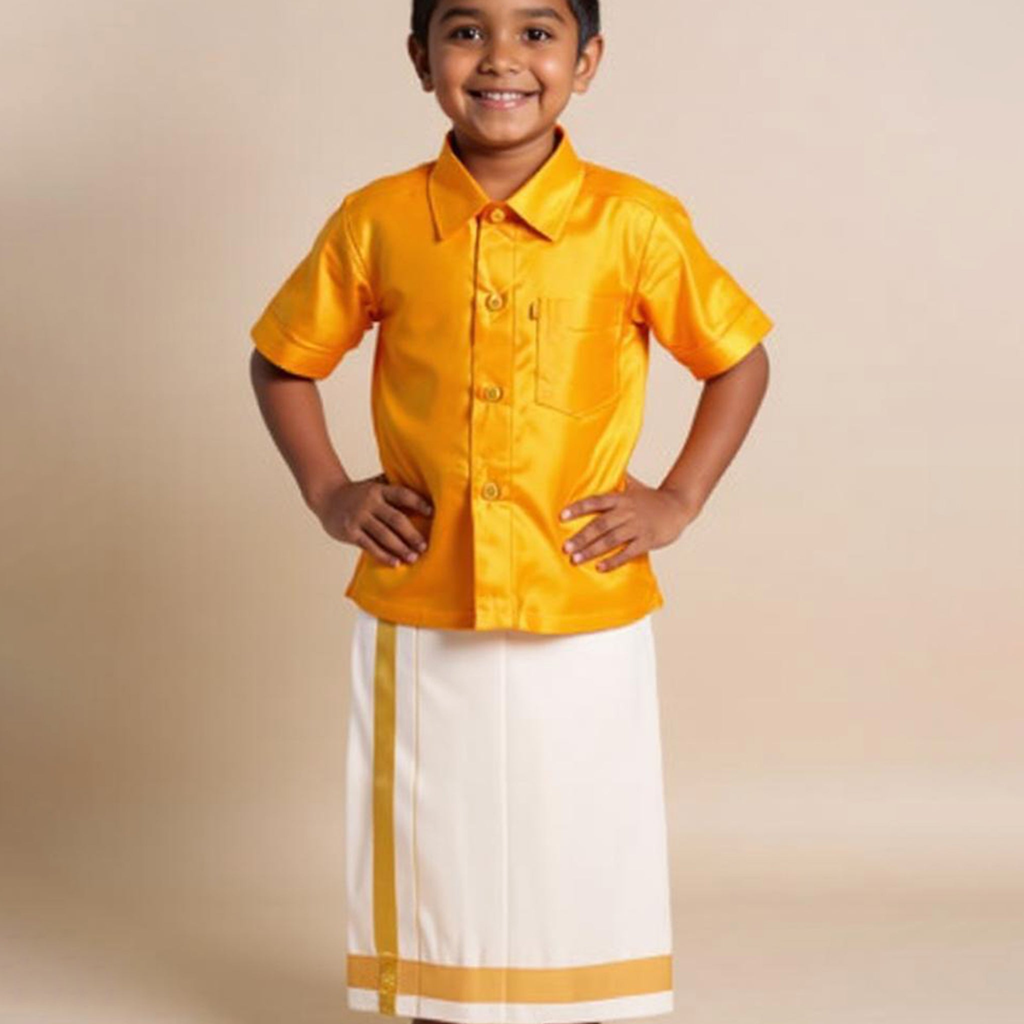 Traditional Kids Shirt and Dhoti Set - Gold