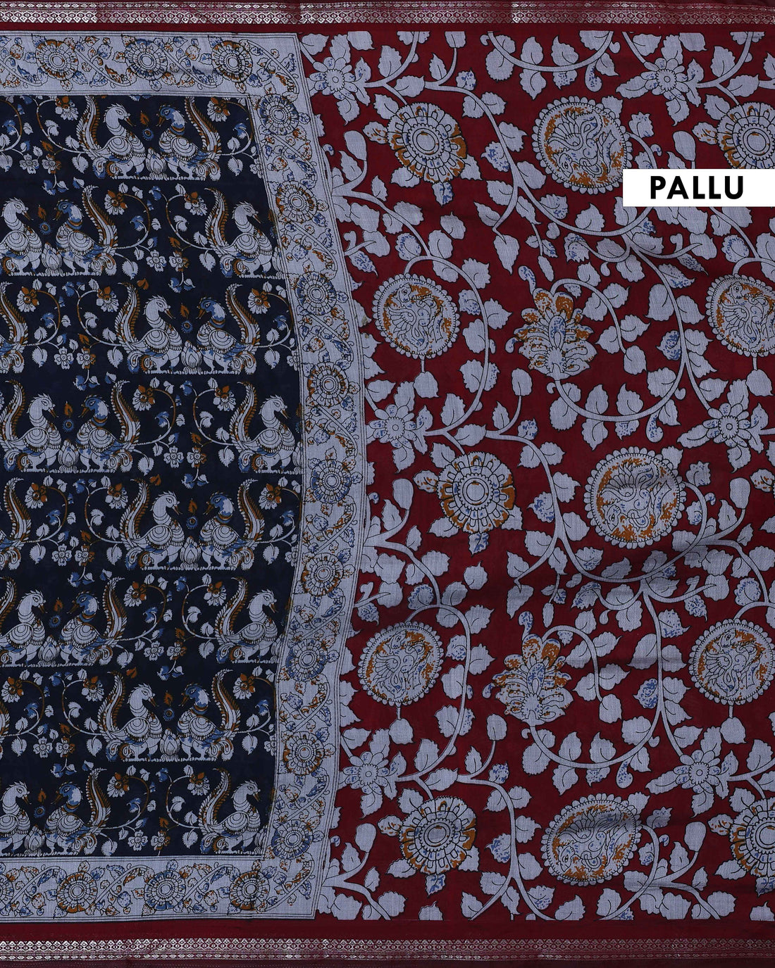 Elegant Semi Chanderi Saree with Traditional Kalamkari Handcrafted Motifs and Intricate Zari Border - Navy Blue