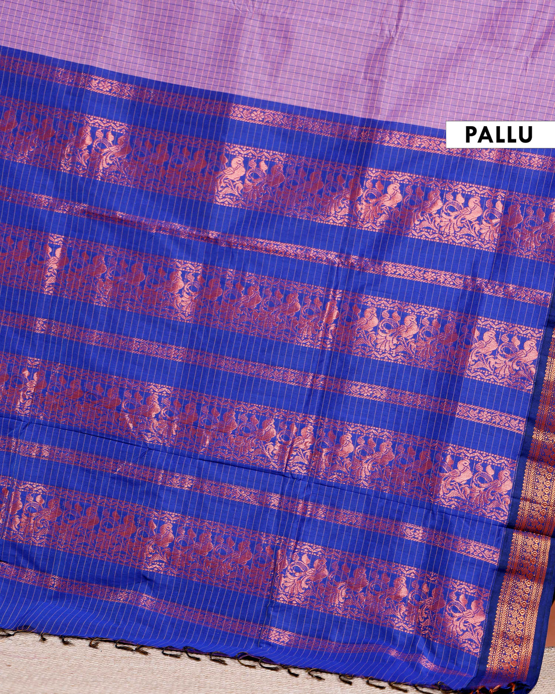 Traditional Kalyani Cotton Saree with All-Over Checks and Ornate Zari Pallu and Border - Lavender