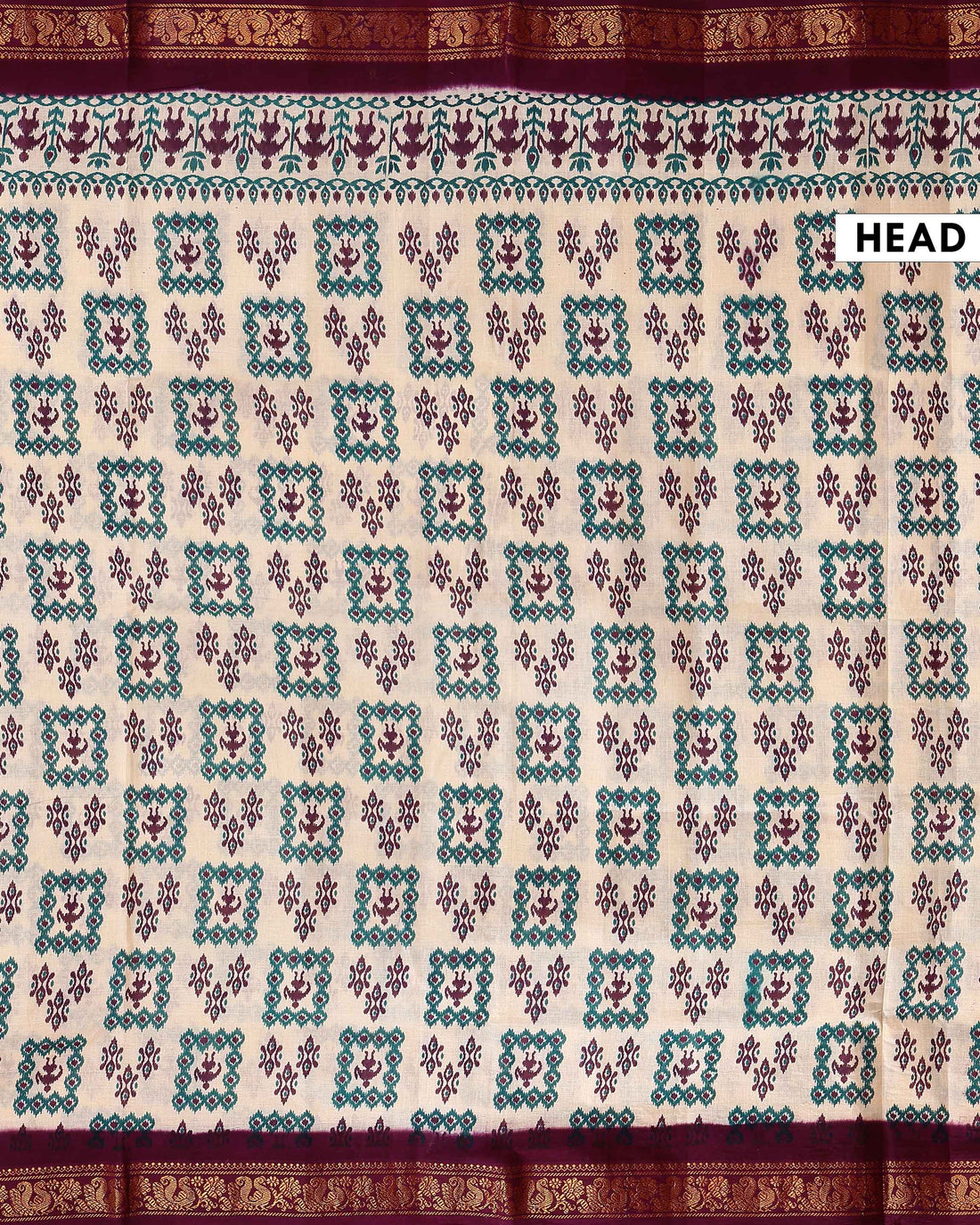 Handloom Ikkat Style Printed Sungudi Cotton Saree with Intricate Border - Cream 