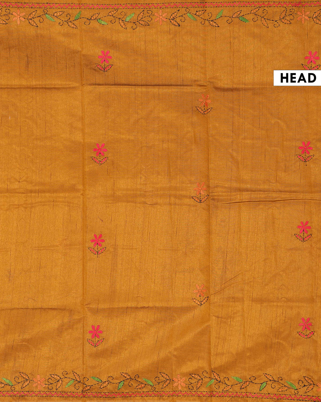 Elegant Hand Embroidered Kantha Work Tussar Saree with Detailed Floral Motifs - Mustard