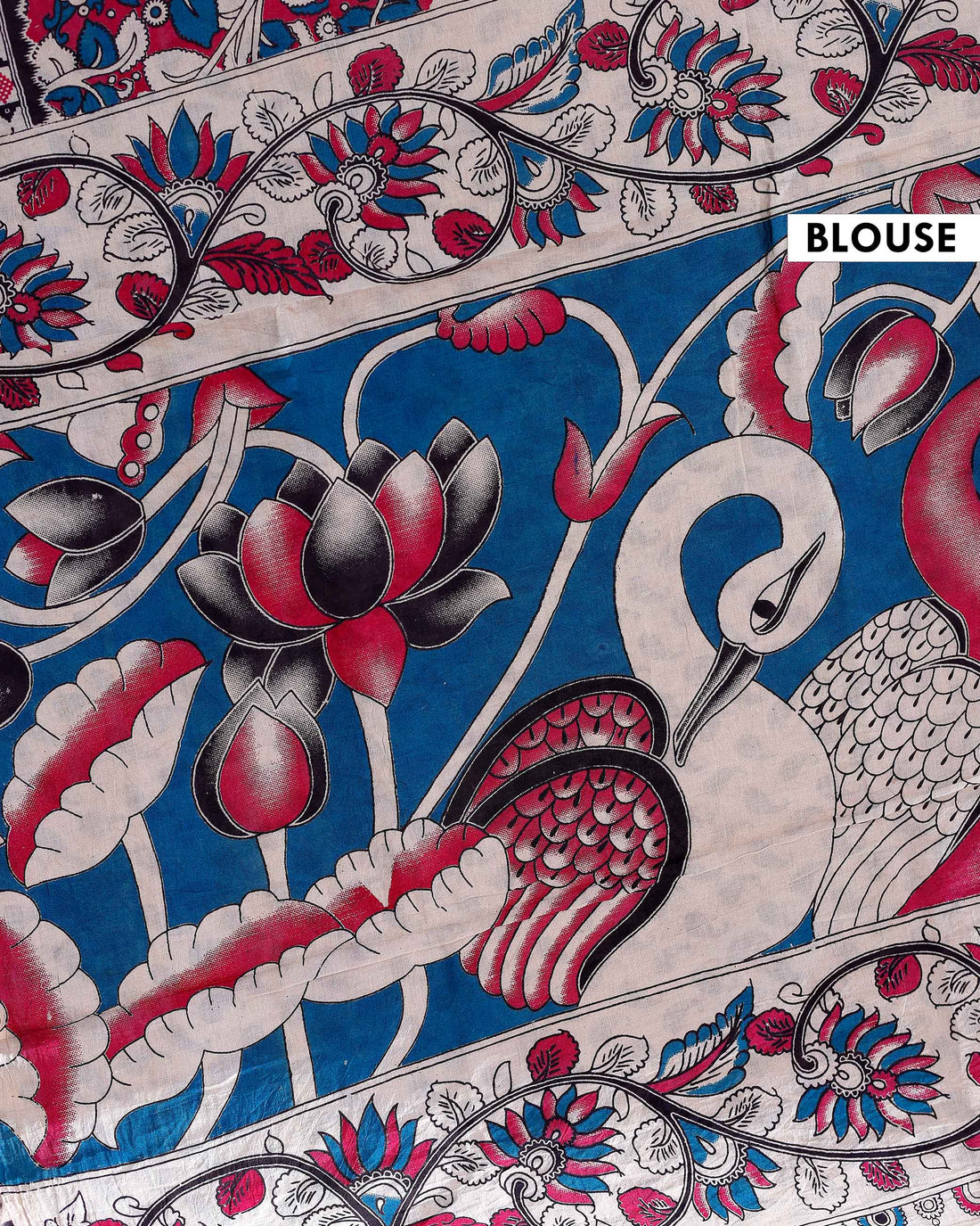 Traditional Handloom Kalamkari Cotton Saree with Intricate Floral and Avian Motifs -Blue