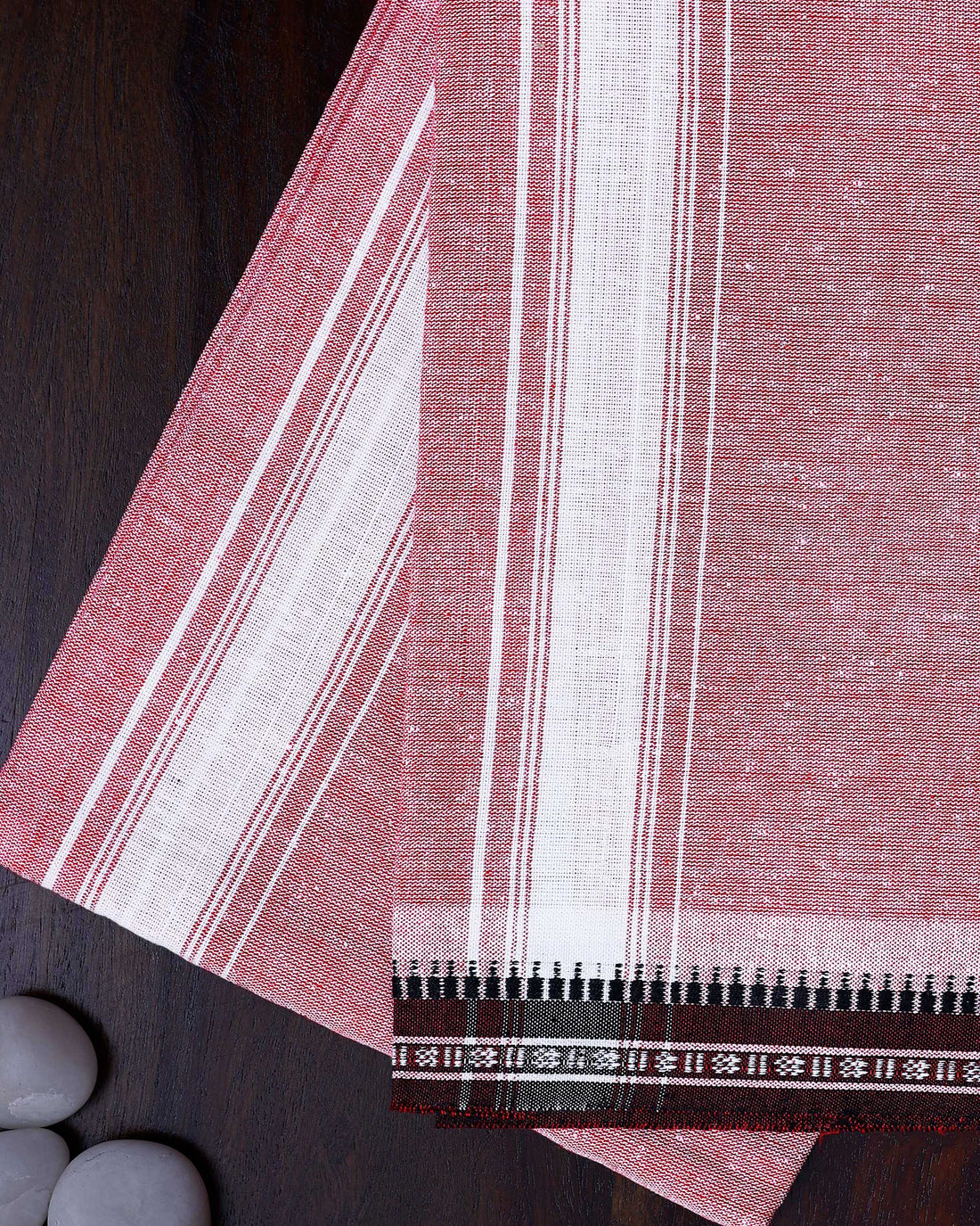 Men's Handloom Cotton Dhoti with Striped Pattern and Black Border - Light Red