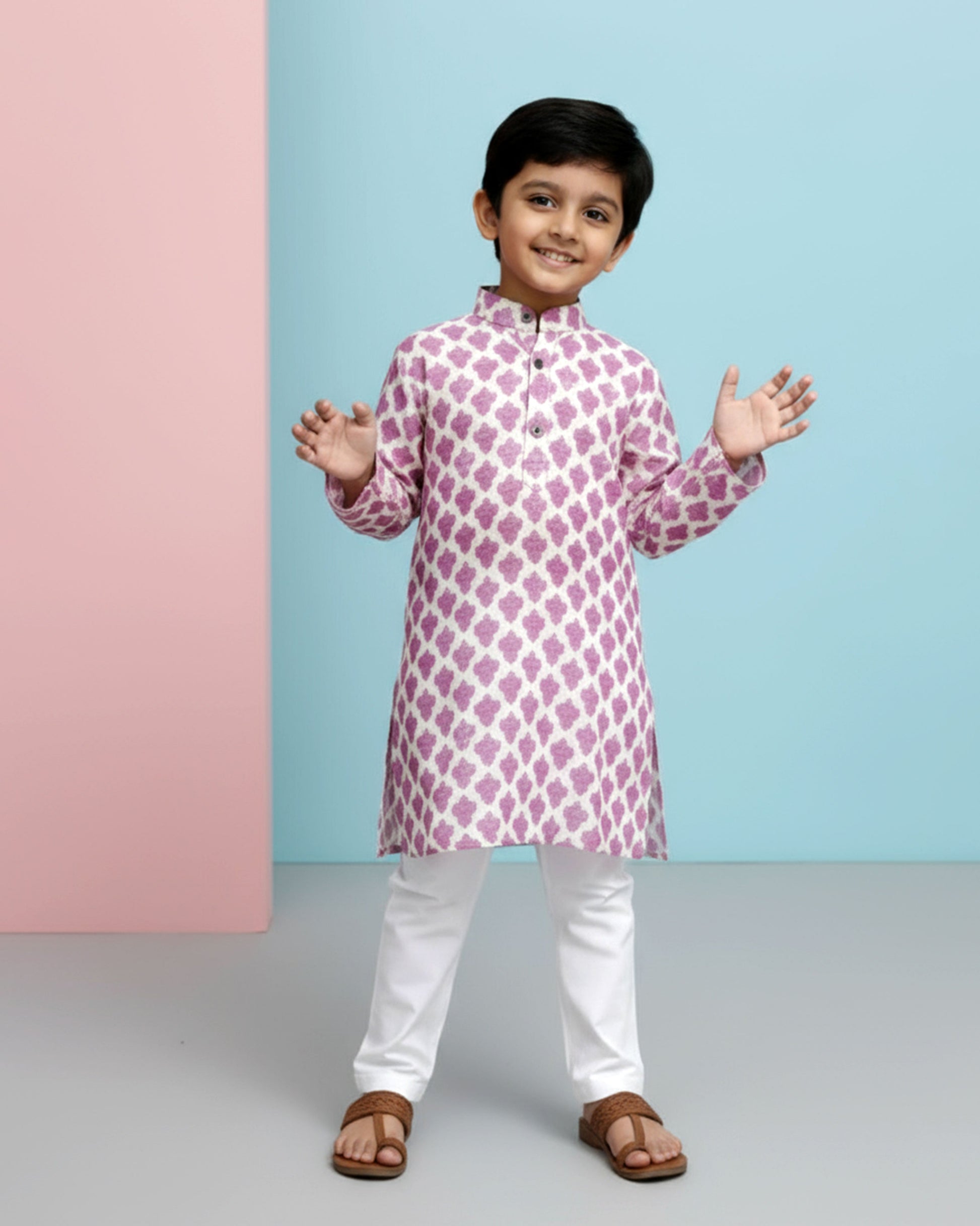 Boys green kurta adorned with traditional Bandhani-inspired patterns in red and gold., Purple