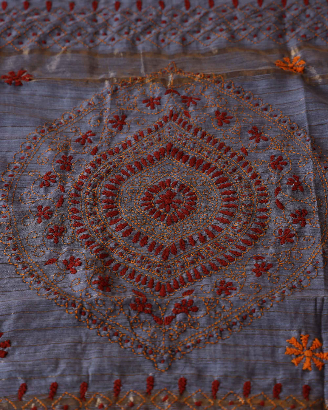 Classic Kantha Hand Embroidered Saree with Intricate Floral Motif and Contrast Border - Grey
