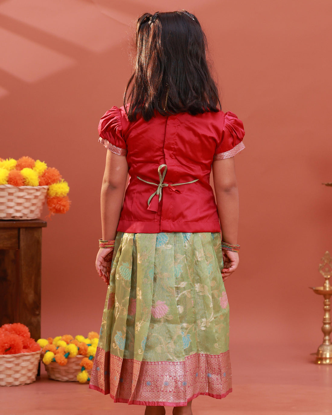 Kids Readymade Pattu Pavadai Set with Embellished Neck Puff Sleeve Blouse and Printed Skirt - Red
