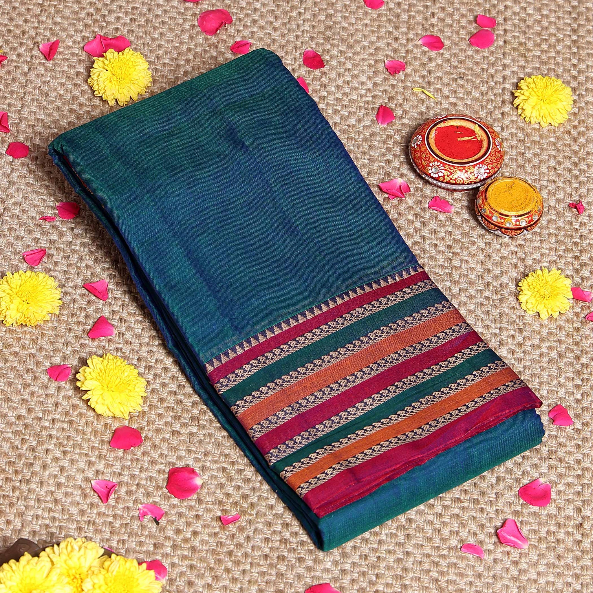 Traditional Narayanpet Cotton Saree Classic Temple Border and Striped Pallu - Teal