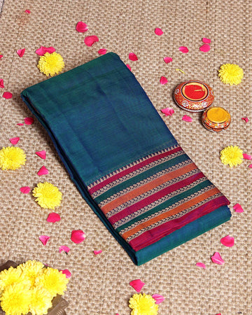 Traditional Narayanpet Cotton Saree Classic Temple Border and Striped Pallu - Teal