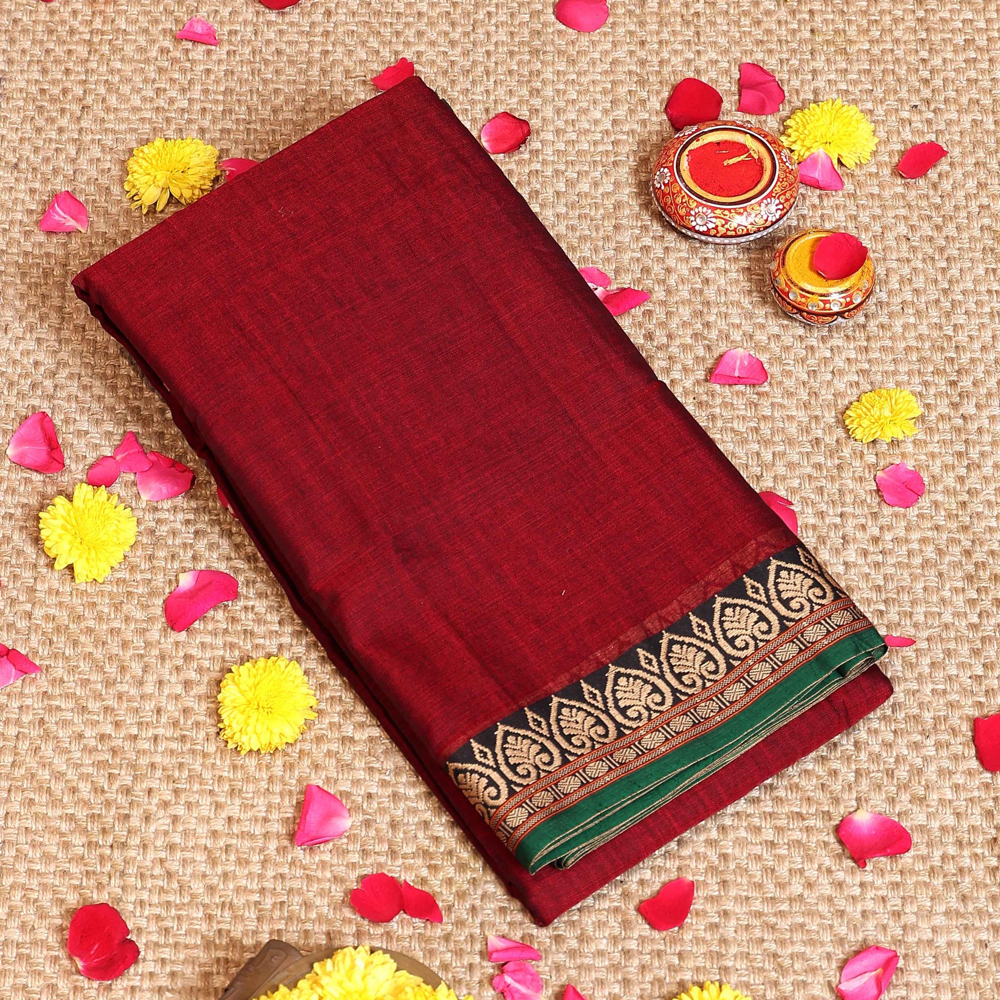 Traditional Narayanpet Cotton Saree with Intricate Contrast Temple Motif Border & Fine Handloom Weave - Red