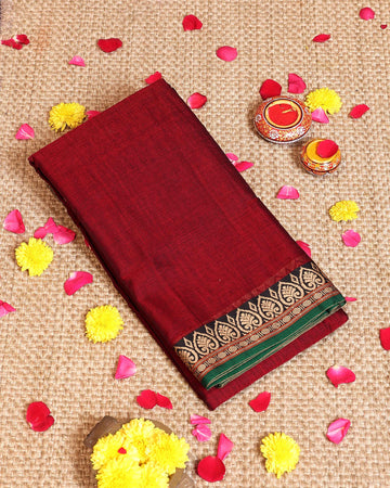 Traditional Narayanpet Cotton Saree with Intricate Contrast Temple Motif Border & Fine Handloom Weave - Red