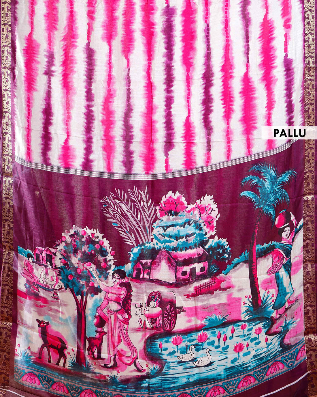 Elegant Red shades and the rural scenic artwork Dola Saree