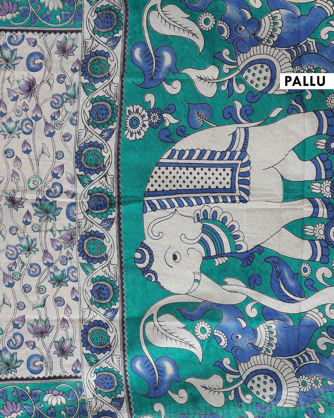 Kalamkari Hand-Painted Cotton Saree with Lotus Motif and Intricate Border - Cream