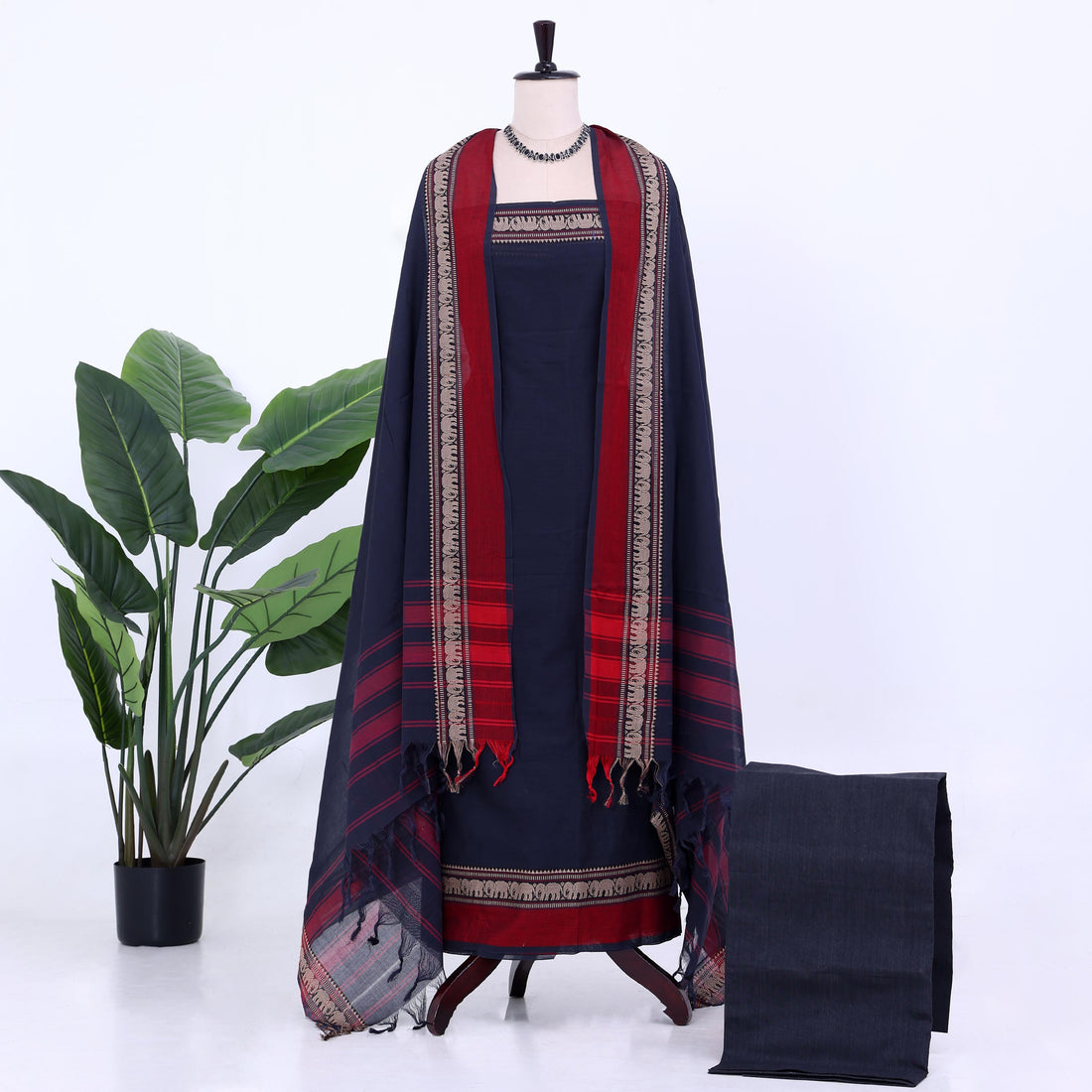 Dark Blue Cotton Unstitched Salwar Material for Women | Ethnic Summer Collection | Jeyachandran - Full View