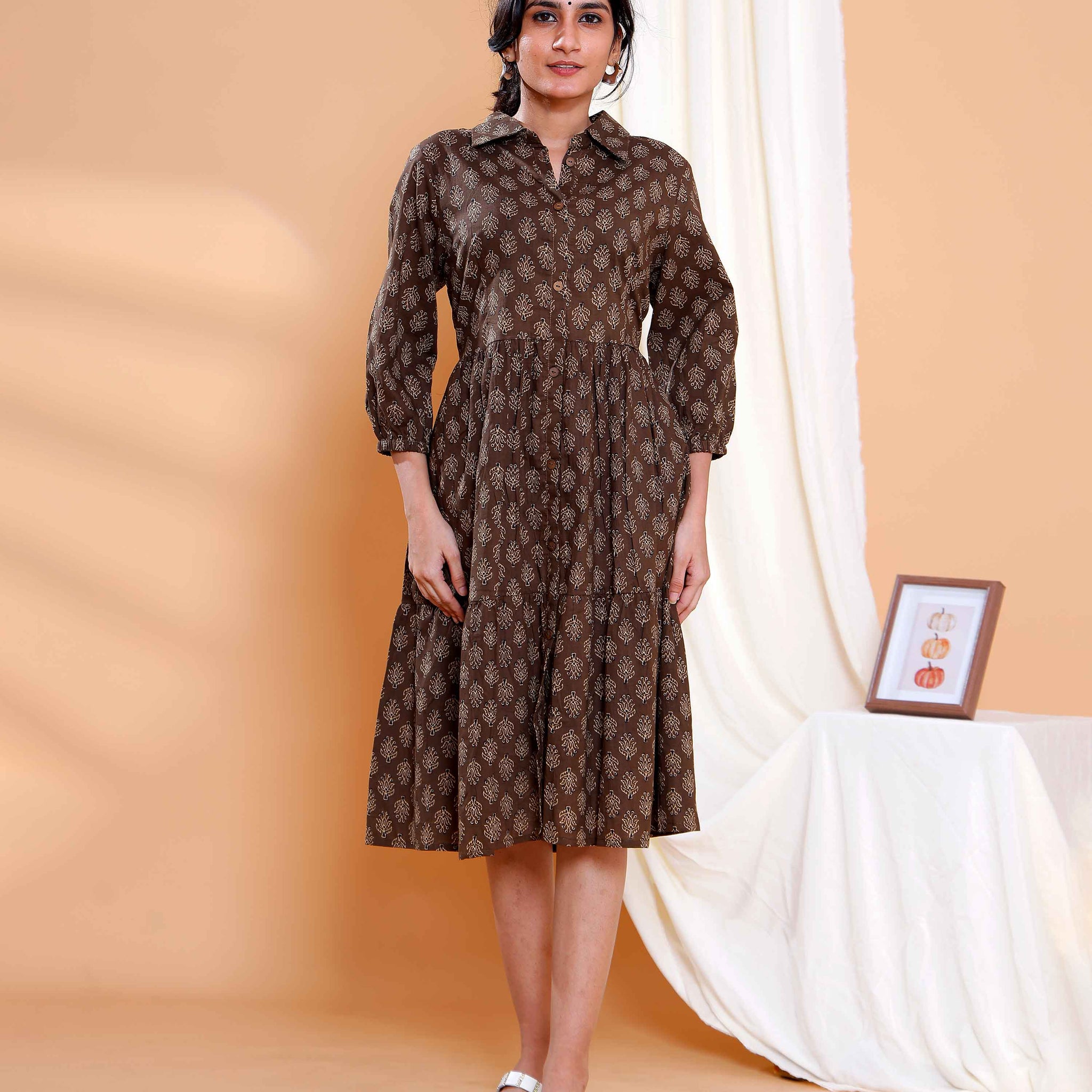 Elegant Brown Cotton Dress with Beige Leaf Motifs and Gathered Waist